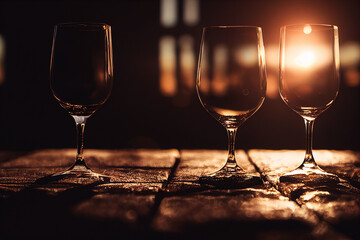 glasses of white wine in vineyard in autumn sunset