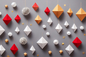 handmade origami Christmas decorations flat lay