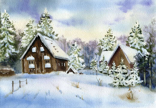Winter landscape scene. Cabin in snow forest. Wall art poster, christmas card. Holiday background. Watercolor painting illustration
