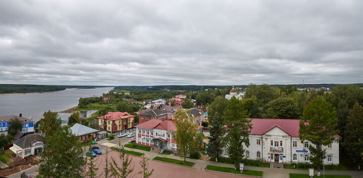 Russia. Myshkin. Assumption Cathedral. Panorama from the bell tower to the South-West. The dome of St. Nicholas Cathedral is visible