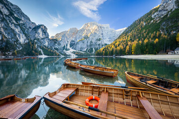 Landscape of Lago di Braies in dolomite mountains - obrazy, fototapety, plakaty