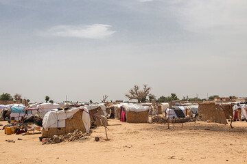Refugee camp in Africa, full of people who took refuge due to insecurity and armed conflict. People...