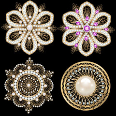 Illustration set of brooches made of gold and precious stones with filigree