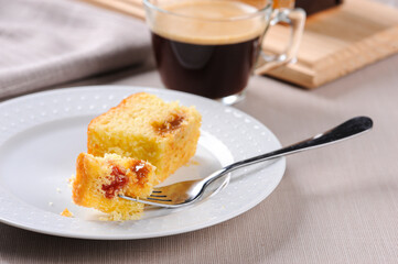 Brazilian corn cake made with a type of corn flour (Fuba) Bolo de Fubá, Selective focus