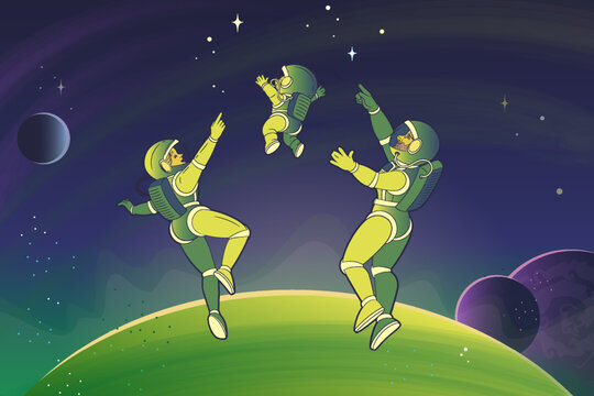 Happy Family Of Astronauts, Mom, Dad, Son Point Fingers At The Constellations While Hovering In Space. Vector Black And White Illustration, Contour, Cartoon On A White Background