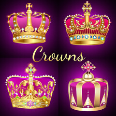 Illustration of a set of vintage crowns with precious stones