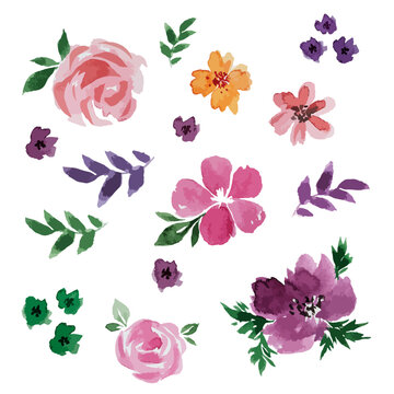 Set of hand drawn watercolor flowers in vector format. Clip art. Set of elements for decor. Watercolor flowers isolated on white background.