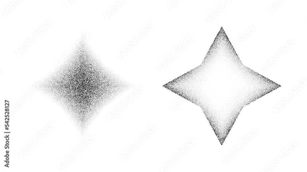 Poster dotted grain star shapes. black stipple diamonds. abstract noise texture rhombus. halftone flare for