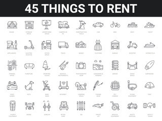Set of 45 icons related to renting different stuff as equipment, sport gears, transport, buildings, pet and child items. Editable stroke