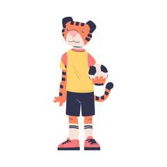 Man Character with Tiger Animal Head Standing in Football Uniform with Ball Vector Illustration