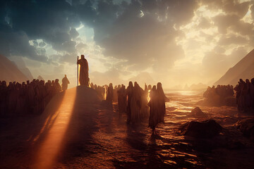 Fototapeta Exodus, Moses crossing the desert with the Israelites, escape from the Egyptians obraz