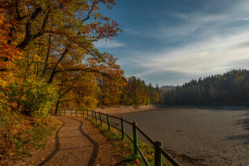 Harcov dam in Liberec city in autumn color mornig first time empty in history