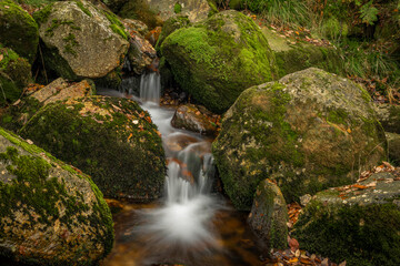 Naklejka na ściany i meble Beautiful mountains creek Cerny Velky Stolpich in autumn day with waterfalls