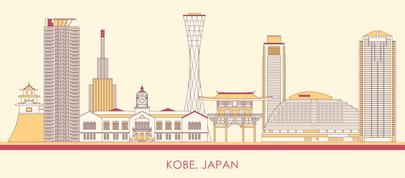 Cartoon Skyline panorama of city of Kobe, Japan - vector illustration