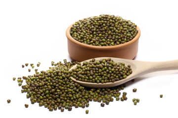 Organic raw green beans mungo in clay pot and wooden spoon isolated on white, top view