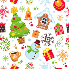 Cartoon Christmas seamless pattern. Holiday New Year elements. Santa attributes. Gifts and decorations. Present box. Xmas tree and snowman. Winter snowflakes. Splendid vector background