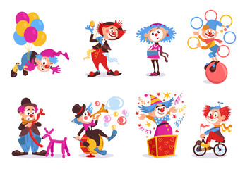 Obraz na płótnie Canvas Cartoon clowns. Birthday party characters. Kids holiday. Crazy actors. Bright costumes and makeup. Entertainment artists with balloons and bicycle. Juggling magician. Splendid vector set