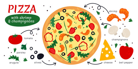 Cartoon pizza recipe. Different ingredients. Italian food cooking instruction. Dish constructor with mushrooms or tomatoes. Meal preparation. Cheese and shrimp. Garish vector concept