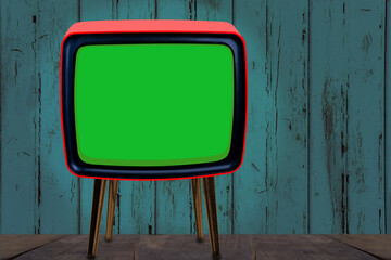 old Vintage analog TV with green blank screen, 1970-1980, concept obsolescence, modernization or technological revolution, background for designer with copy space