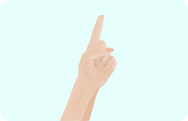Hand showing number one gesture, vector illustration isolated on blue background. Gesturing number 1 index finger. Pointing upward, making number one in sign language. Being first, hand counting one. 