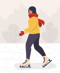 Woman Skating On Ice Winter Cozy Portrait Vector Illustration In Flat Style