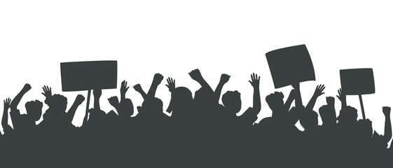 Silhouette of crowd of people with raised hands and banners. Fans on sports game, concert. Peaceful protest for human rights. Demonstration, rally, strike, revolution. Isolated vector illustration - obrazy, fototapety, plakaty