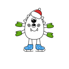 Funny doodle monster on skates and in mittens. A monster in a winter hat. Vector illustration on a white background