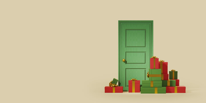 Green Door With A Colorful Christmas Gift Boxes. Concept Of A Delivery Parcels And Gifts. Mock Up. 3d Rendering