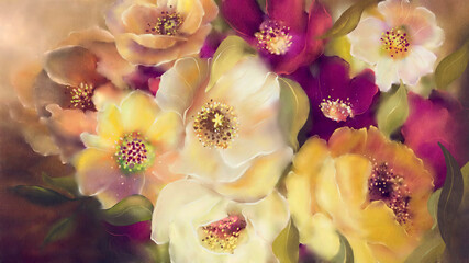 Digital pattern of watercolor flowers with leaves in the bouquet
