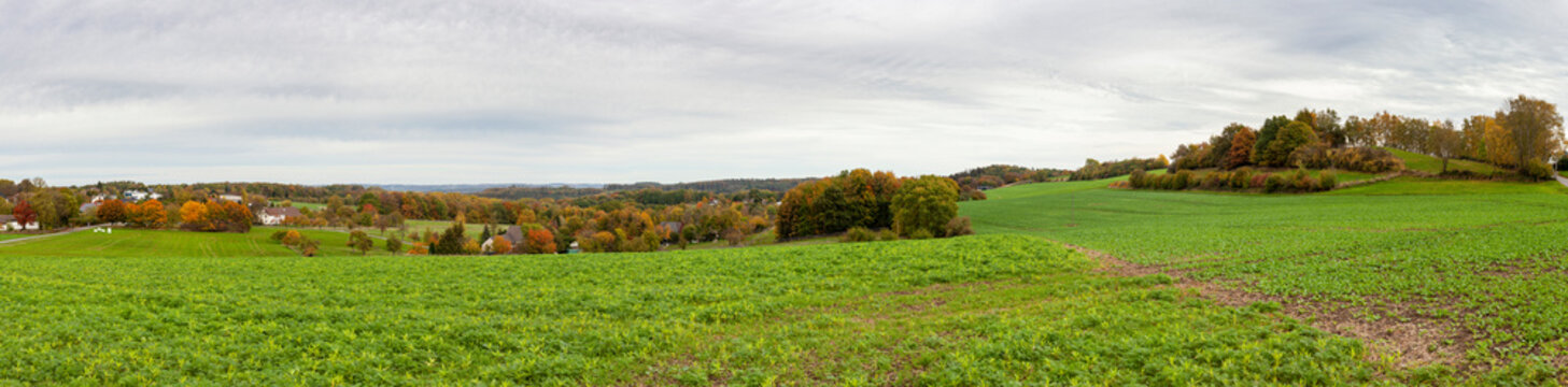 Beautiful panoramic rural autumn landscape photo in North Rhine Westphalia in Germany.