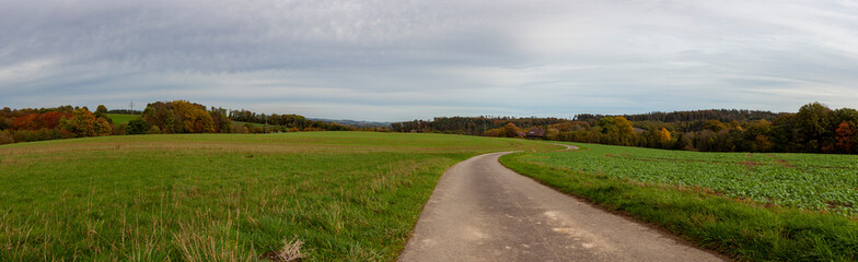 Fototapeta na wymiar Empty narrow road in the middle of autumn fields. Panoramic village landscape in North Rhine Westphalia in Germany.