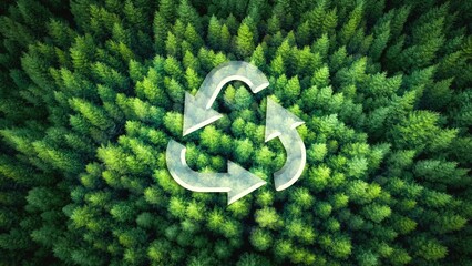Bird's eye view of a beautiful green forest with a recycling icon over it - renewable energy concept