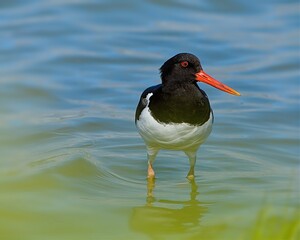 Eurasian oystercatcher at the lake bank in sunny afternoon. 
