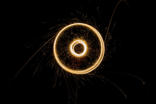 Sparks from the circular rotation of lights on a black background