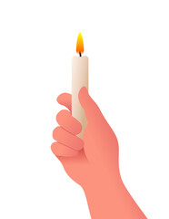 Hand holding burning wax candle isolated vector illustration