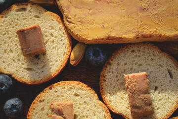 Plate of goose liver or foie gras on bread