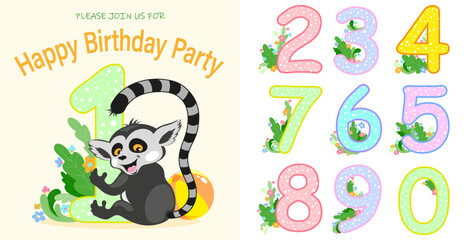 Invitation template with a set of numbers decorated with floral elements and a cheerful lemur for a children's birthday party