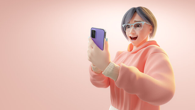 Teenager girl surprised face expression to purple smartphone. Online shopping via smartphone application. Can be used in e-commerce banner or shop online background. Cartoon character, 3d render.