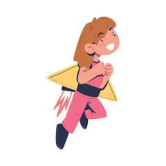 Excited Girl Character with Jetpack Flying Propelling Through the Air Vector Illustration