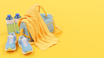 Blue garment bag with draped yellow towel, blue running shoes and water bottle on yellow background. Can be used in sports and health background. 3d render.