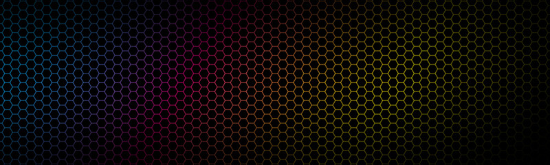 Modern high resolution cmyk geometric header with polygonal grid. Abstract colorful metallic hexagonal pattern. Simple vector banner