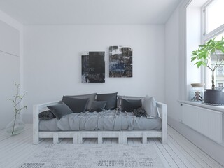 Mock up poster modern comfortable living room with a wide and soft sofa on the hipster background.	