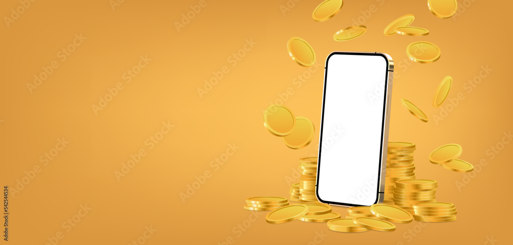 Poster realistic mobile phone template with flying coins. mobile phone and mountains of money 3d realistic 