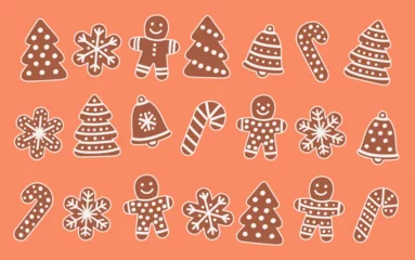 Fotobehang Christmas gingerbread cookies collection. Holiday winter sweets set. Flat vector illustration. © masha stone