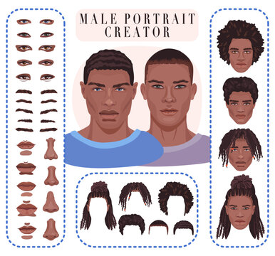Male face constructor. Generator of realistic portrait. Handsome African man avatar creator with detailed eyes, nose, lips and various hairstyles. 