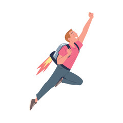Happy Man Character with Jetpack Flying Propelling Through the Air Vector Illustration