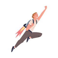 Fototapeta premium Happy Man Character with Jetpack Flying Propelling Through the Air Vector Illustration