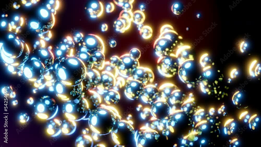 Poster moving stream of glowing bubbles on dark background. design. bright glowing bubbles move in stream. 