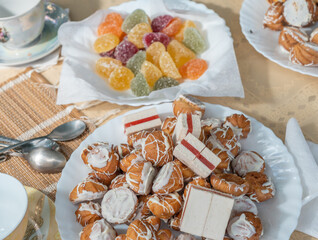 homemade cakes on the table, dessert, fruit