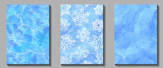 Winter blue watercolor Christmas vector set background with white snowflakes. Hand drawn painted texture. Frozen glass. Art illustration for cards, flyer, poster and cover design. Merry Christmas!